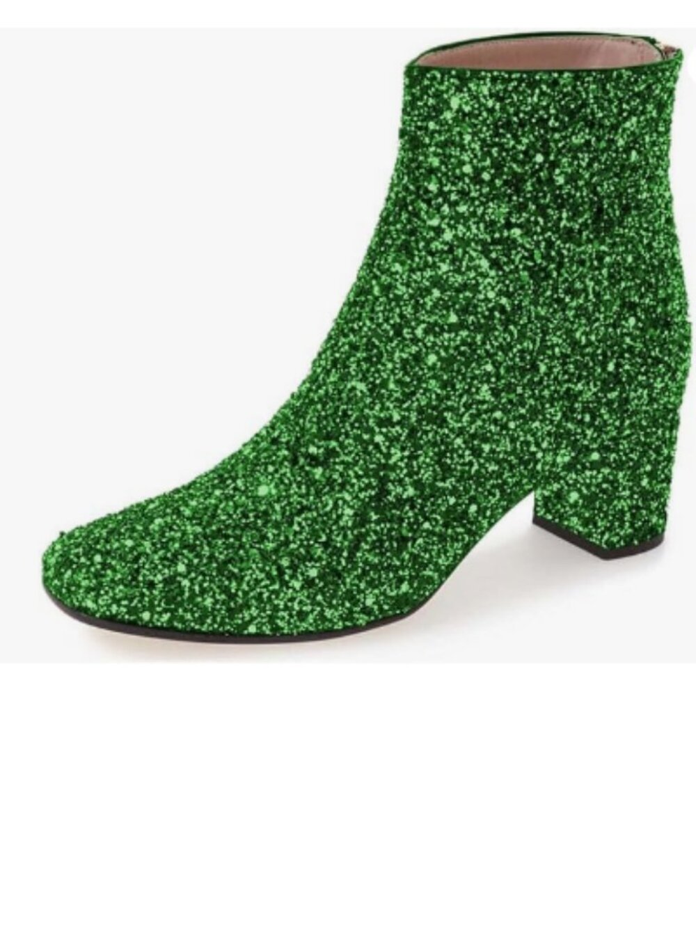XYD Dark Green Glitter Low Block Heel Ankle Boots Round Toe Zip Boot